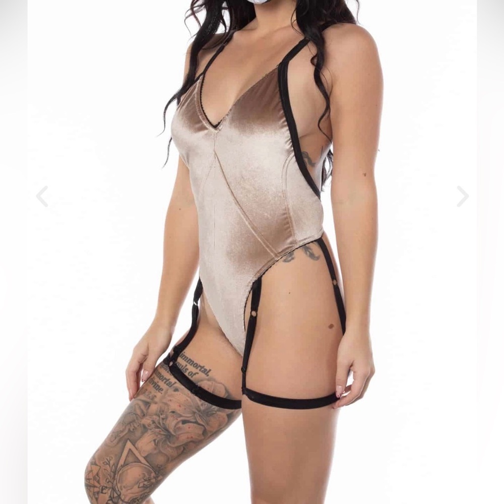 Solstice intimates deep V velvet harness bodysuit lingerie